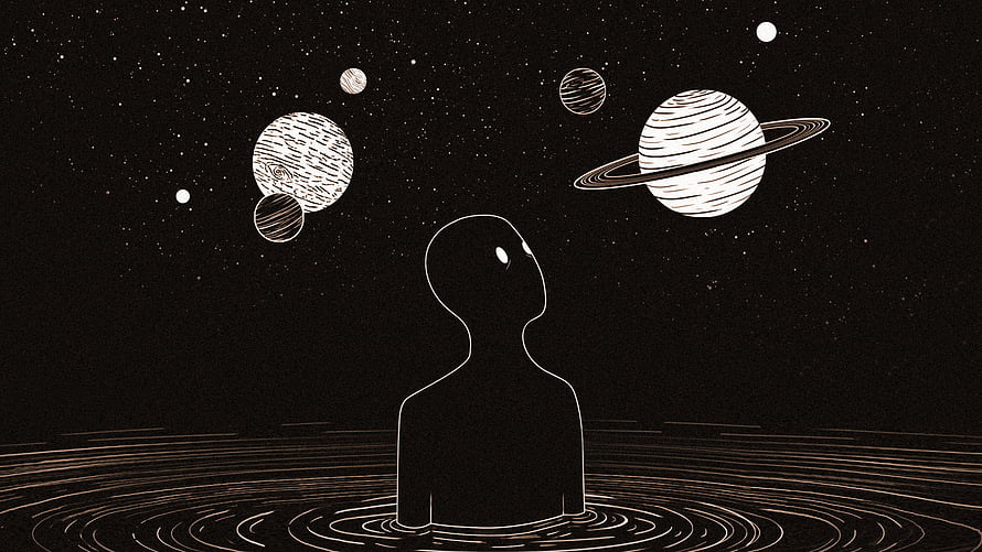 Silhouette of a Man Gazing at Ringed Planets in a Starry Night Sky HD wallpaper