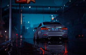 Silver BMW M4 F82 Rear View on Wet Night Street with Neon Reflections HD wallpaper