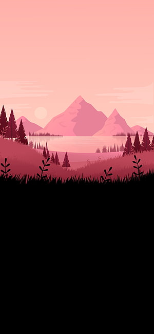 Pink Mountain Lake Landscape with Pine Trees and Sunset Sky HD phone wallpaper