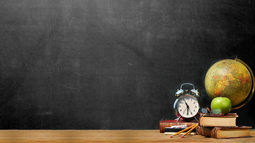 Educational Still Life with Globe, Books, Alarm Clock, and Apple on Chalkboard Background HD wallpaper