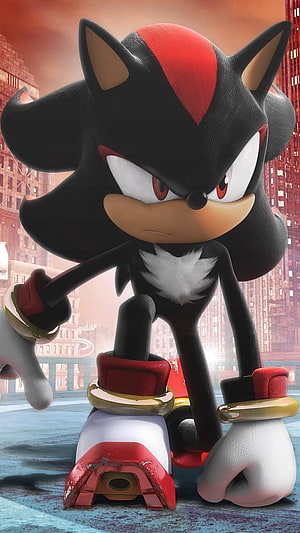Shadow The Hedgehog in a gritty urban cityscape with red and black 3D character art HD phone wallpaper