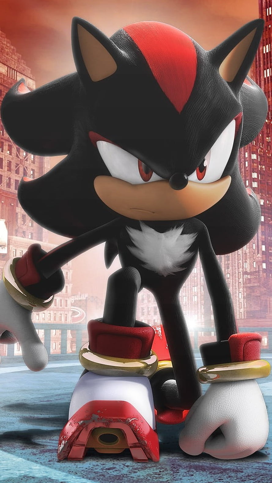 Shadow The Hedgehog in a gritty urban cityscape with red and black 3D character art HD phone wallpaper