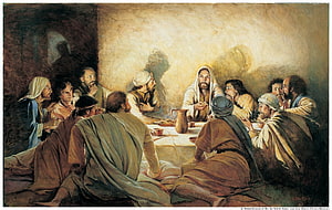 The Last Supper by Walter Rane: Jesus and the Apostles Sharing Bread and Wine in a Dimly Lit Room HD wallpaper