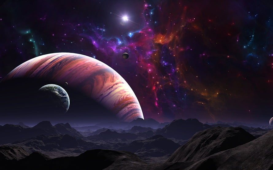 Vast Cosmic Landscape Featuring Giant Gas Giant, Rocky Terrain, and Vibrant Nebulae in Deep Space HD wallpaper