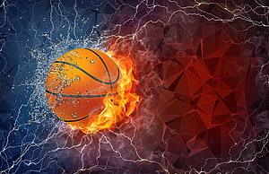 Dramatic Basketball Ball Split by Fire and Water with Lightning on Geometric Background HD wallpaper