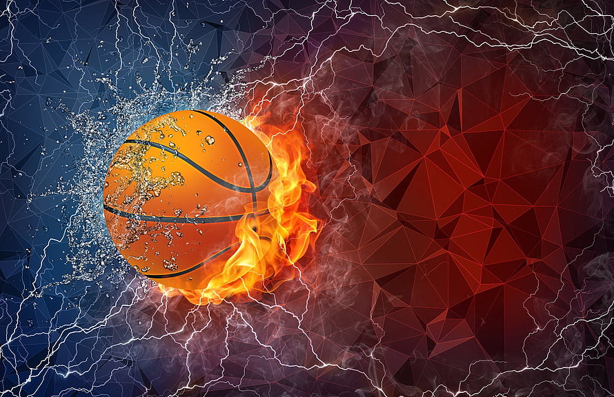 Dramatic Basketball Ball Split by Fire and Water with Lightning on Geometric Background HD wallpaper