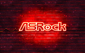 ASRock Neon Logo Glowing on Dark Red Brick Wall HD wallpaper