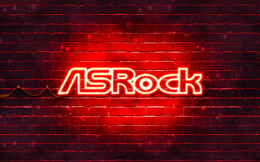 ASRock Neon Logo Glowing on Dark Red Brick Wall HD wallpaper