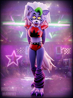 Roxanne Wolf FNAF 3D Render in Rocket Hawk Outfit with Neon Purple Stage Background HD phone wallpaper