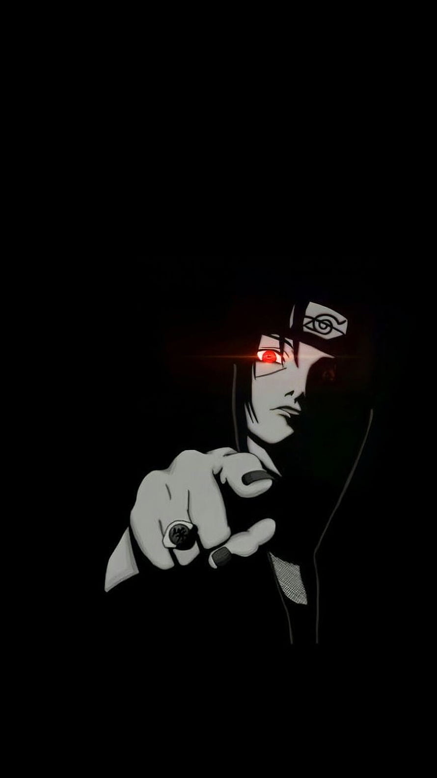Itachi Uchiha Pointing Forward With Glowing Red Eye in Dark Minimalist Anime Style HD phone wallpaper