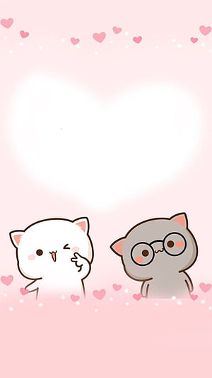 Cute Chibi Cartoon Cats with Hearts on Soft Pink Background HD phone wallpaper
