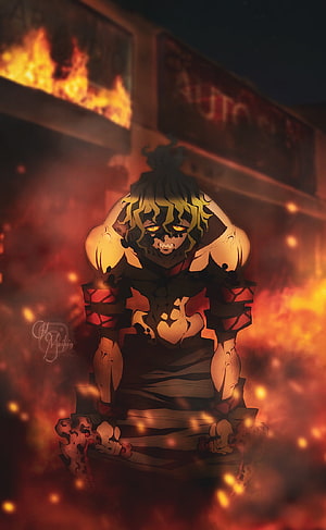 Gyutaro from Demon Slayer Crouching in Flames with Glowing Eyes and Dark Aura HD phone wallpaper