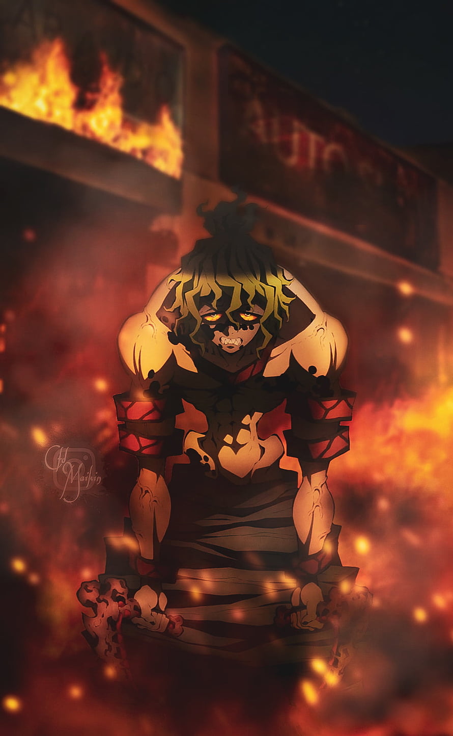 Gyutaro from Demon Slayer Crouching in Flames with Glowing Eyes and Dark Aura HD phone wallpaper