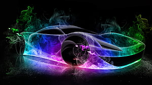Neon Smoke Car Concept with Vibrant Purple and Green Hues on Black Background HD wallpaper