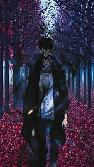 Solo Leveling Anime Character in Dark Forest with Red Leaves and Misty Atmosphere HD phone wallpaper