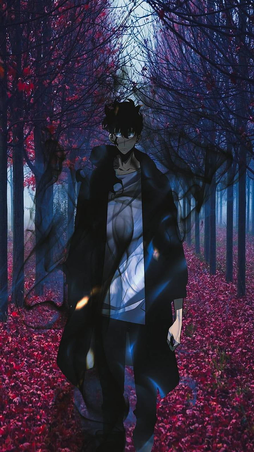 Solo Leveling Anime Character in Dark Forest with Red Leaves and Misty Atmosphere HD phone wallpaper