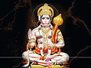 Hanuman seated in meditation with mace and sacred text on dark background, Hanuman , Hanuman PC HD wallpaper