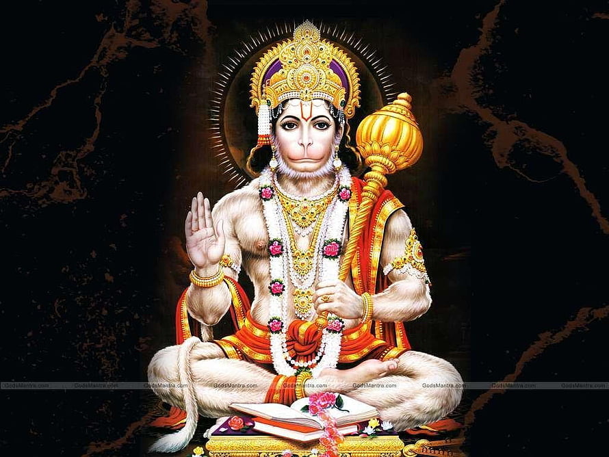 Hanuman seated in meditation with mace and sacred text on dark background HD wallpaper