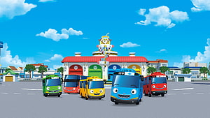 Tayo the Little Bus Animated Fleet at Colorful Bus Depot Under Blue Sky HD wallpaper