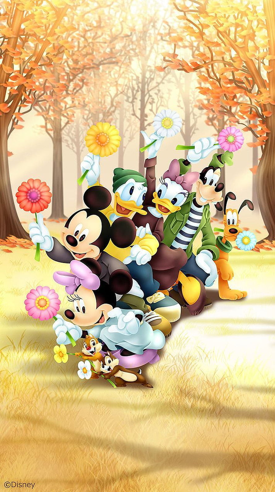 Mickey Mouse and Friends Holding Flowers in an Autumn Forest HD phone wallpaper