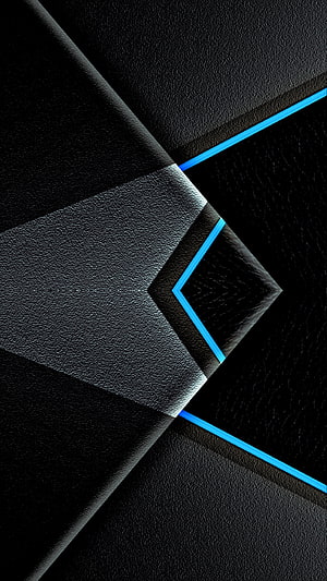 Sleek Black Geometric Abstract Wallpaper with Neon Blue Accents and Textured Surfaces HD phone wallpaper