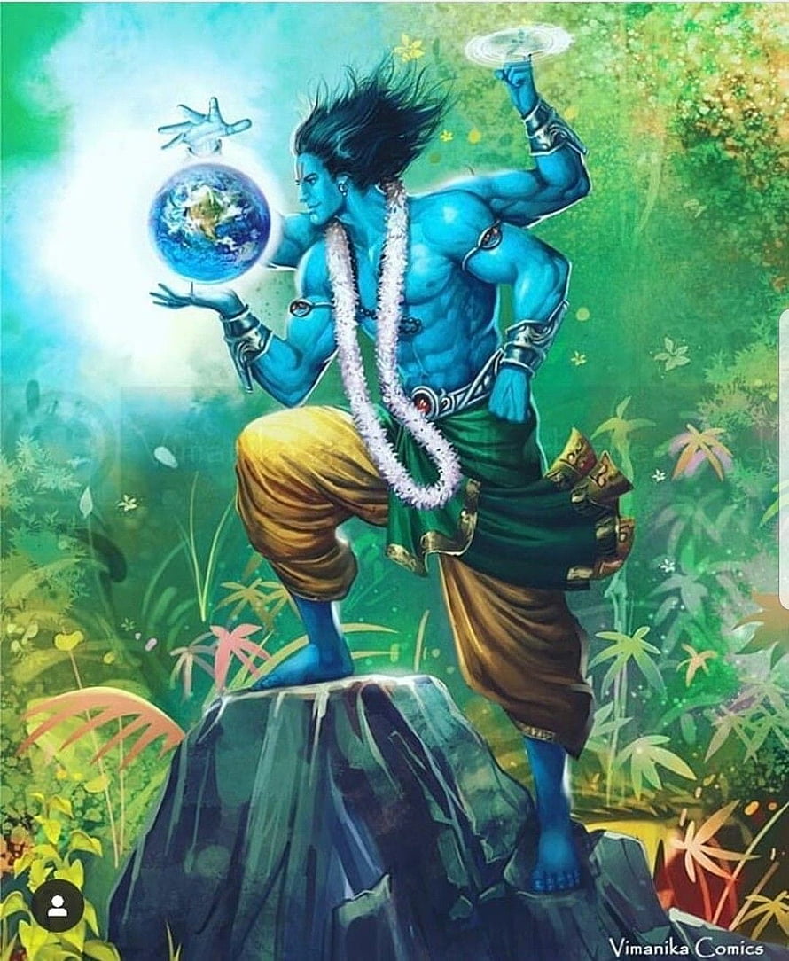 Angry Vishnu Holding Earth and Chakra in Vibrant Mythological Illustration HD phone wallpaper