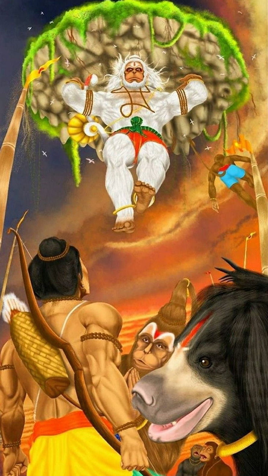 Hanuman Flying Over Ram and Vanara Army in Dramatic Mythological Illustration, Hanuman, jai shree ram HD phone wallpaper
