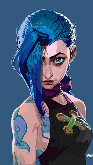 Jinx from Arcane Digital Portrait with Blue Hair and Tattoos HD phone wallpaper
