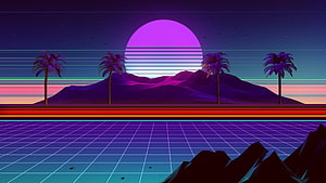 Neon Synthwave Sunset with Palm Trees and Retro Grid Landscape HD wallpaper
