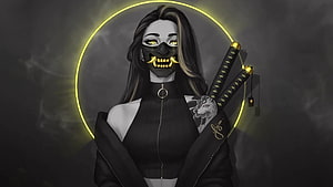Samurai Girl With Oni Mask And Twin Katana Digital Art HD wallpaper