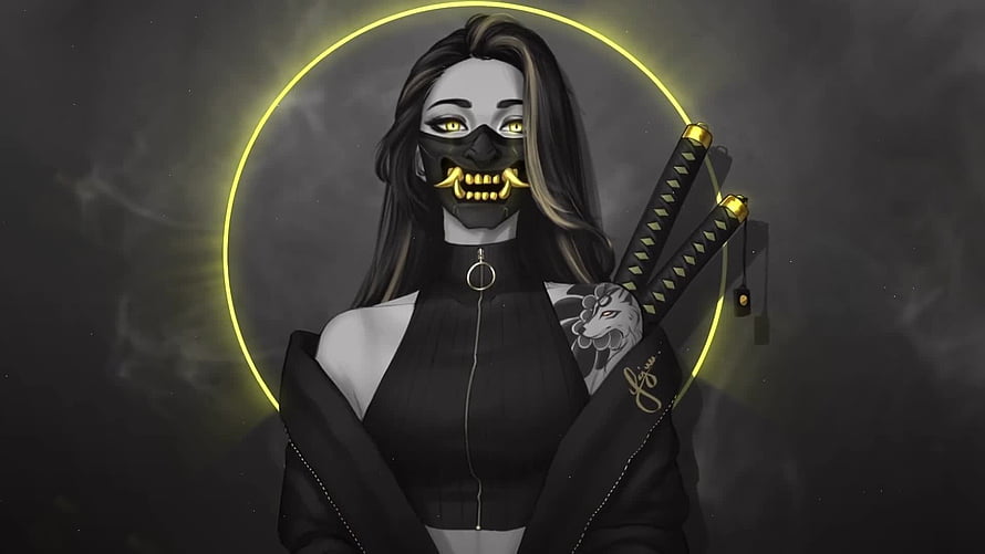 Samurai Girl With Oni Mask And Twin Katana Digital Art HD wallpaper