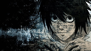 Death Note Anime Character Portrait with Glitch Art and Data Overlay HD wallpaper