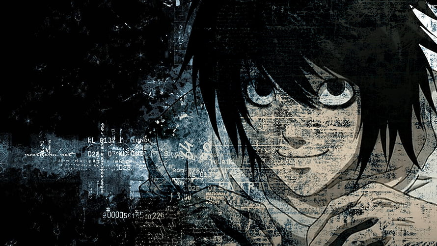 Death Note Anime Character Portrait with Glitch Art and Data Overlay HD wallpaper