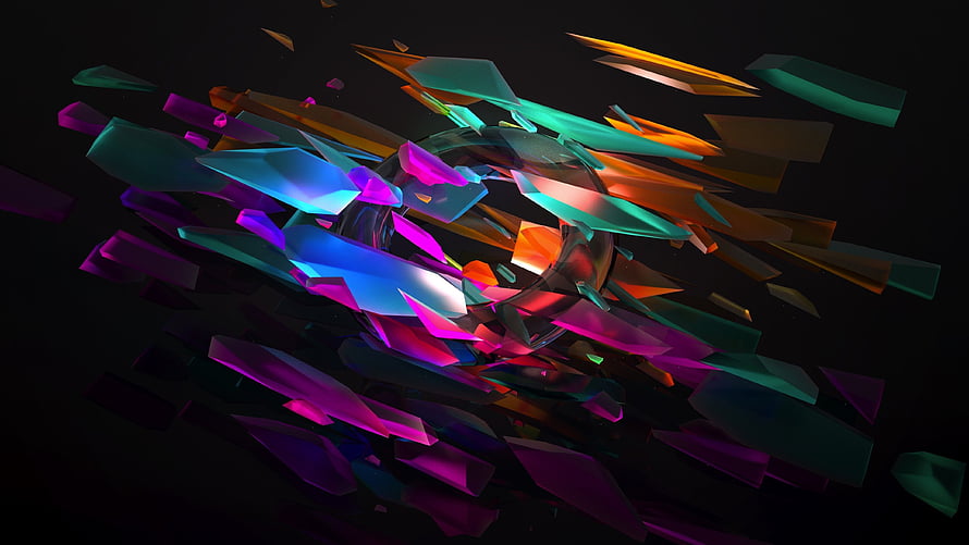 Vibrant 3D Abstract Geometric Shards Exploding Around a Central Sphere on Black Background HD wallpaper