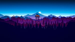 Fire Watch Tower in Purple Mountain Forest at Night with Full Moon HD wallpaper