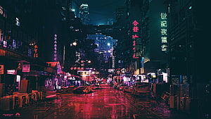 Neon-lit Cyberpunk Chinatown Street at Night with Rain Reflections HD wallpaper