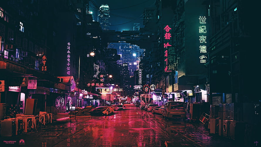 Neon-lit Cyberpunk Chinatown Street at Night with Rain Reflections HD wallpaper