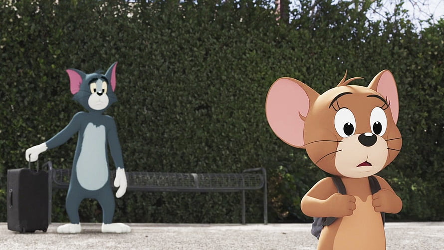 Tom and Jerry Animated Characters in a Park Scene with Luggage and Backpack HD wallpaper
