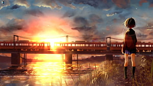 Anime girl watching a train cross a bridge at golden sunrise over a river HD wallpaper