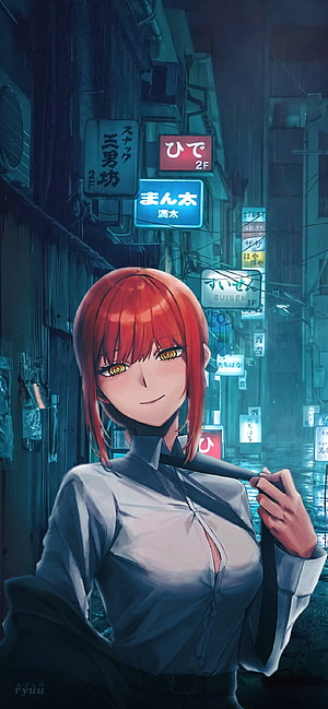 Makima from Chainsaw Man in a Neon-Lit Japanese Alleyway, Makima, Anime, , , Chainsaw Man HD phone wallpaper