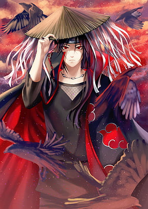 Uchiha Itachi in Akatsuki Cloak with Straw Hat and Crows HD phone wallpaper