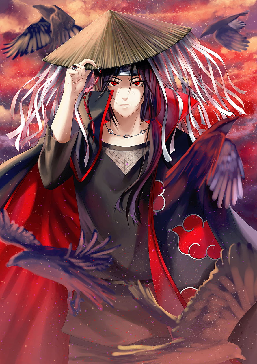 Uchiha Itachi in Akatsuki Cloak with Straw Hat and Crows HD phone wallpaper