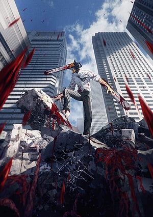 Chainsaw Man standing on rubble in a city with blood splatter and chainsaw arms, Chainsaw Man, movie_japan, anime_ HD phone wallpaper