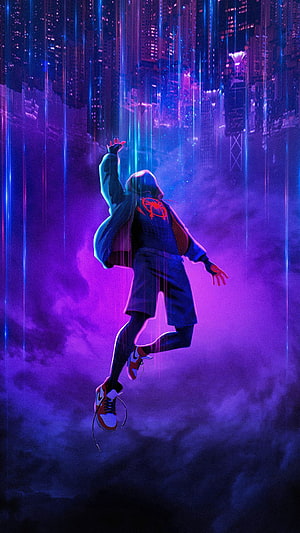 Miles Morales Spider-Man Leaping Through Neon Rain in a Cyberpunk Cityscape, Miles Morales Spider New, Superheroes and ID. Marvel , Marvel superhero posters, Marvel spiderman art, Spider Man Purple HD phone wallpaper