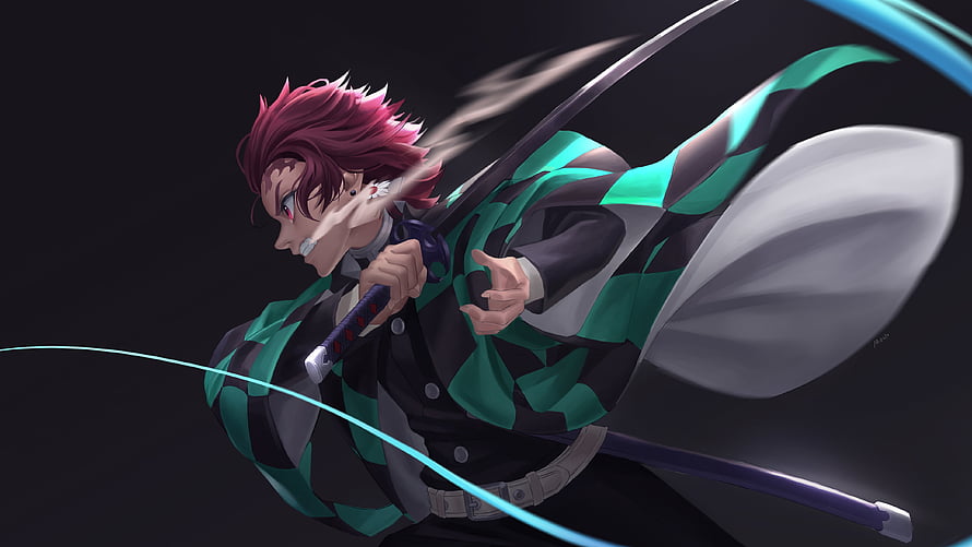 Tanjiro Kamado Wielding Katana in Green Checkered Haori from Demon Slayer HD wallpaper