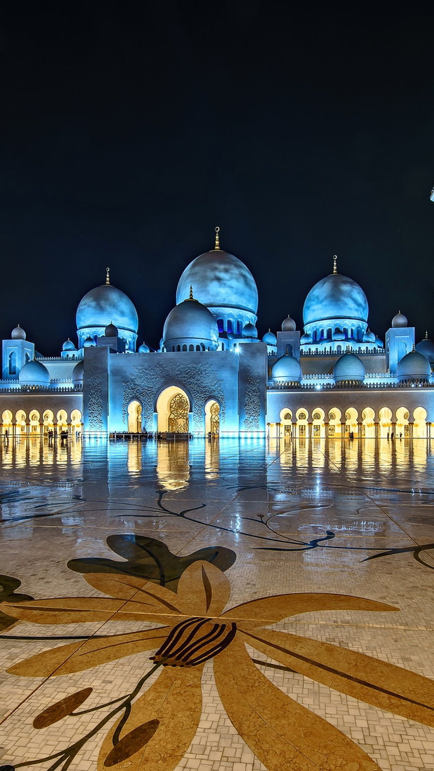 Sheikh Zayed Grand Mosque Illuminated at Night with Reflective Courtyard and Floral Mosaic HD phone wallpaper