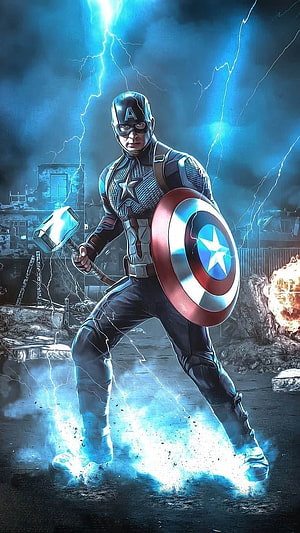 Captain America Wielding Mjolnir and Shield in Electric Storm HD phone wallpaper