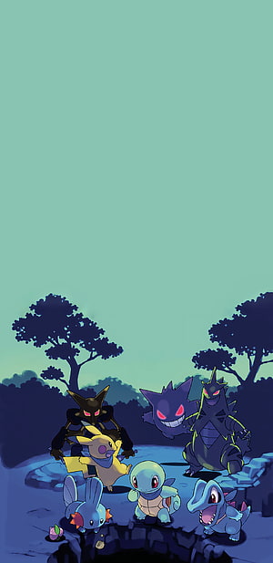 Pokemon Team Rocket and Starter Pokemon in a Dark Forest Scene HD phone wallpaper
