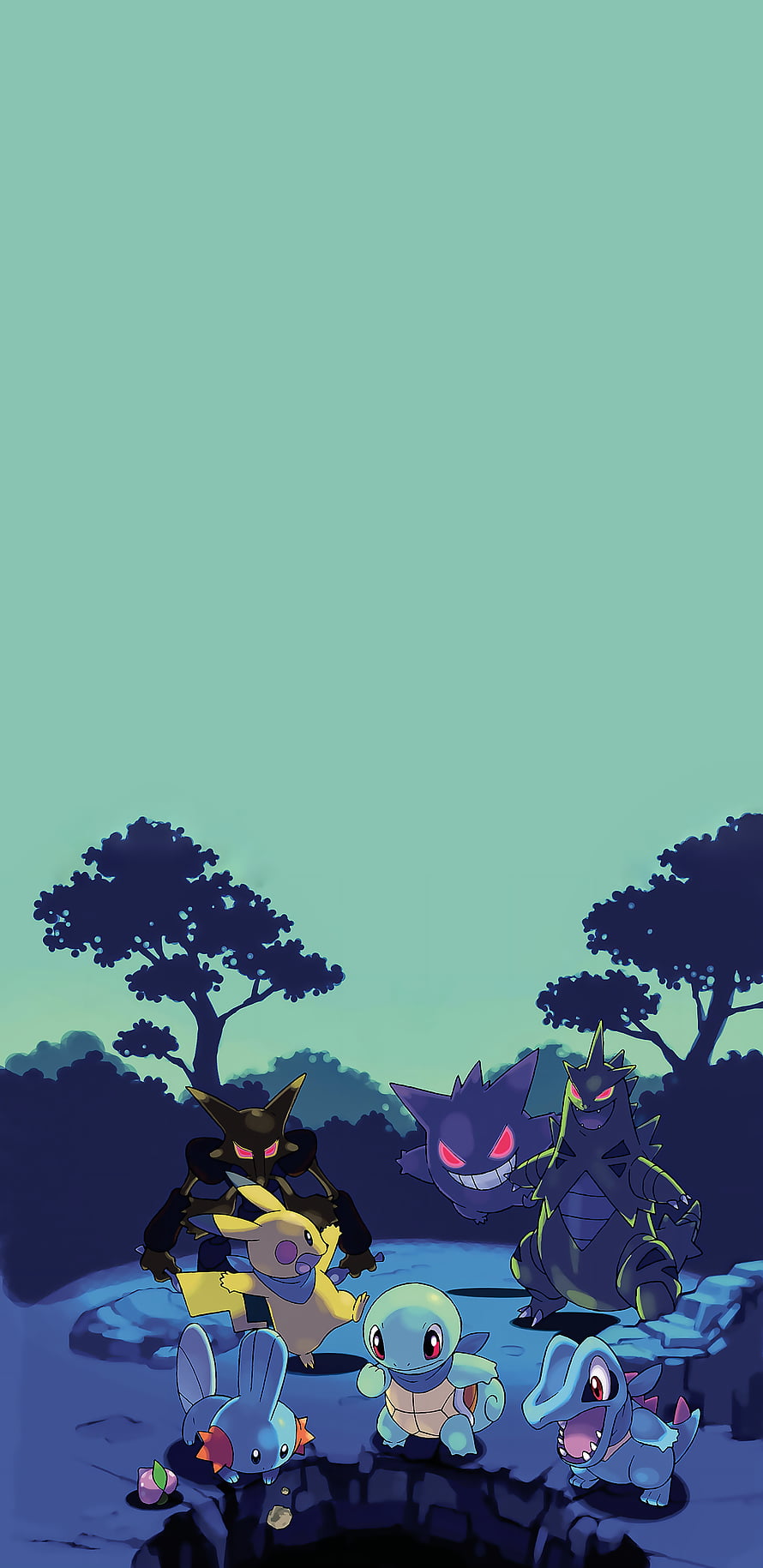Pokemon Team Rocket and Starter Pokemon in a Dark Forest Scene HD phone wallpaper