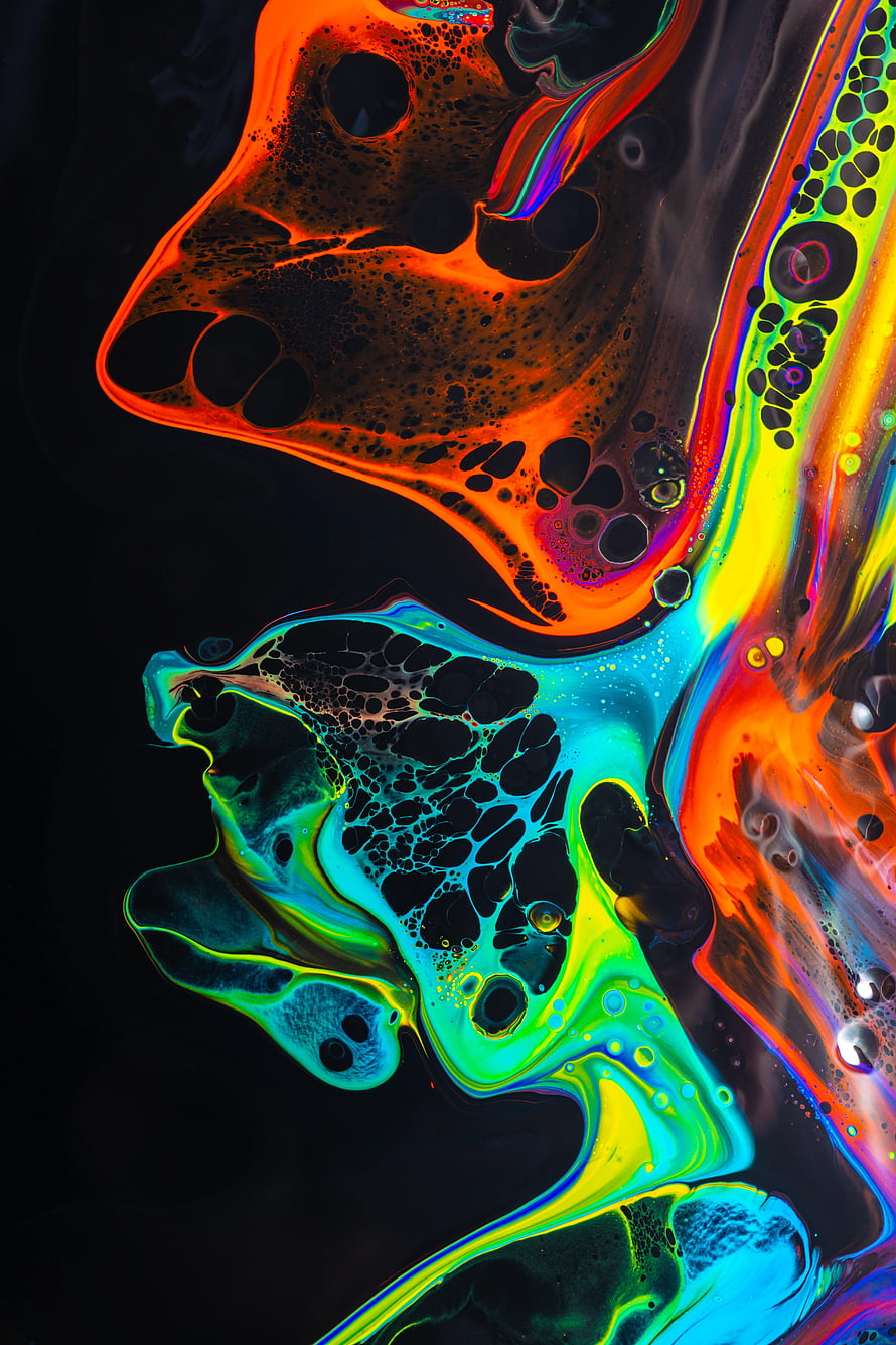 Vibrant Fluid Art Abstract Composition With Swirling Neon Colors And Organic Bubble Patterns On Black Background HD phone wallpaper